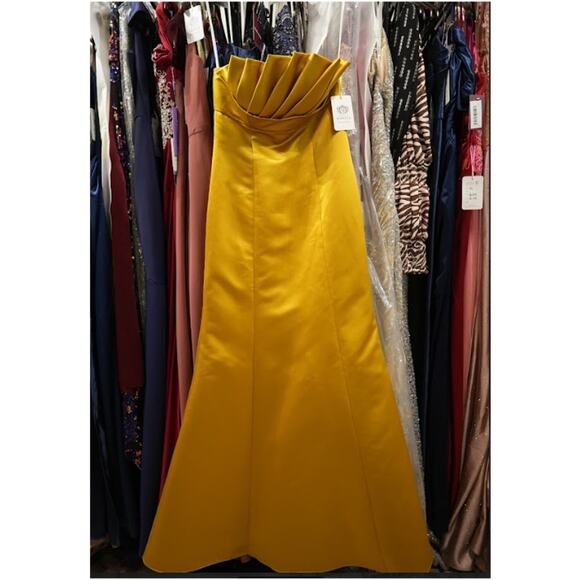 NWT Bari Jay Evening Gown Dress Womens 8 Gold Satin Strapless Pintuck Mermaid - Picture 3 of 5